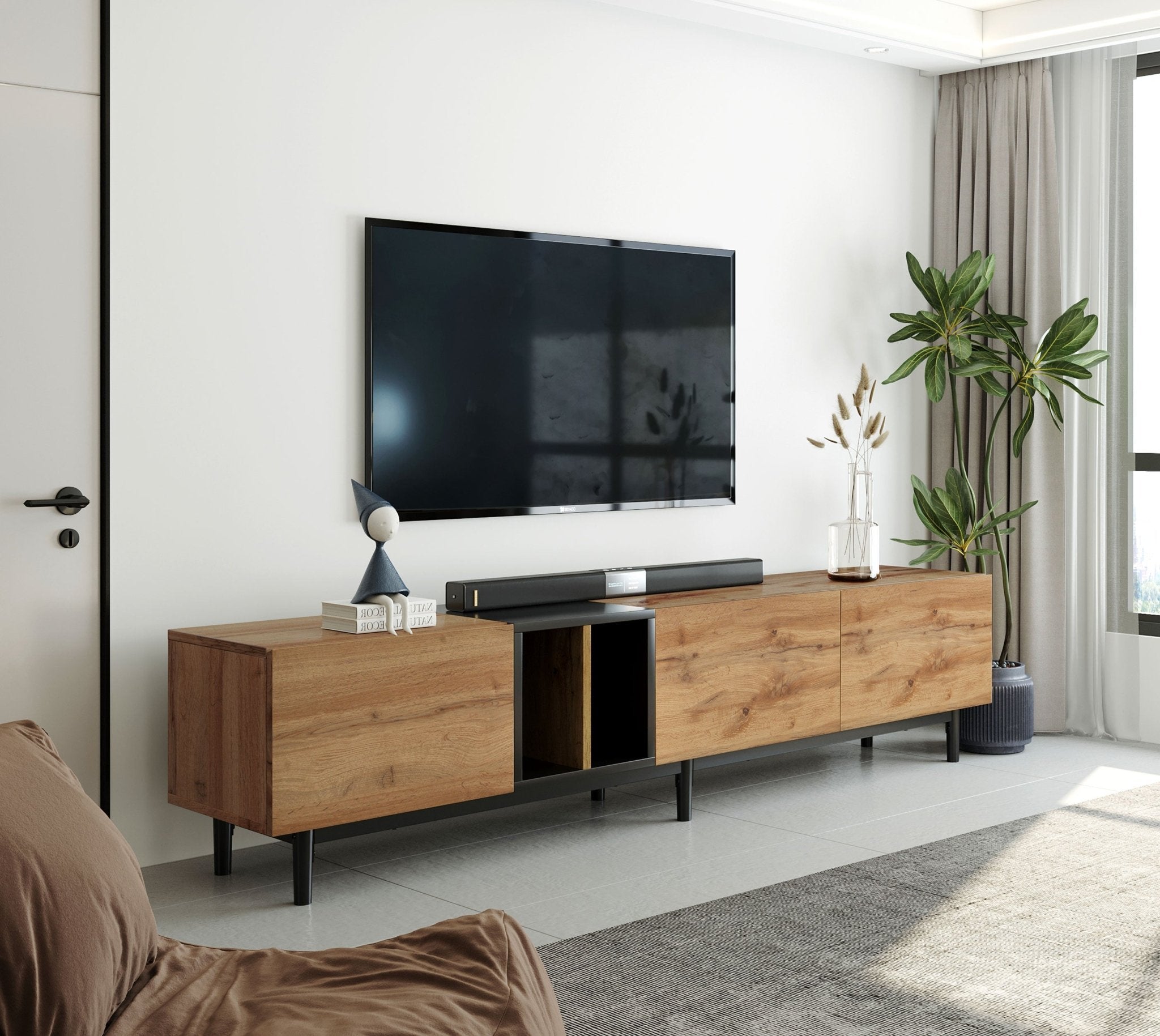 Anthony & Home 80-inch TV stand with natural wood finish, MDF media console featuring hidden storage and modern design.