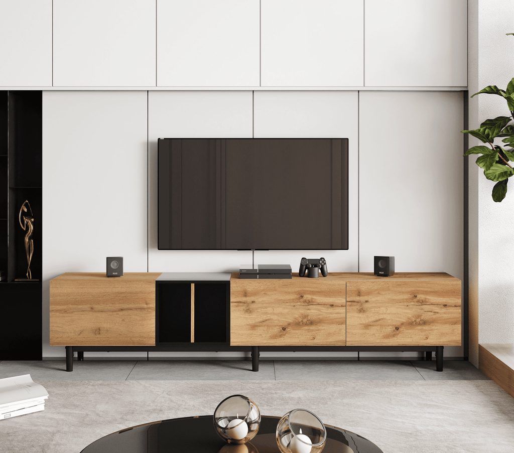 Anthony & Home 80-inch TV stand in natural wood finish with hidden storage, MDF media console from the Atelier Collection.