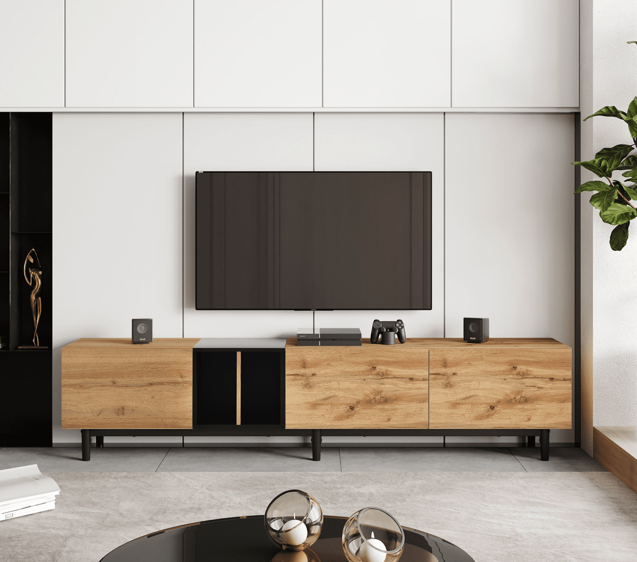 Anthony & Home 80-inch TV stand in natural wood finish with hidden storage, MDF media console from the Atelier Collection.