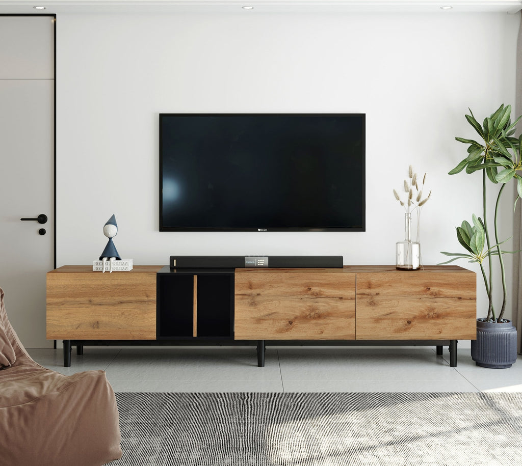 Anthony & Home 80-inch TV stand with natural wood finish, MDF media console and hidden storage in the Atelier Collection.