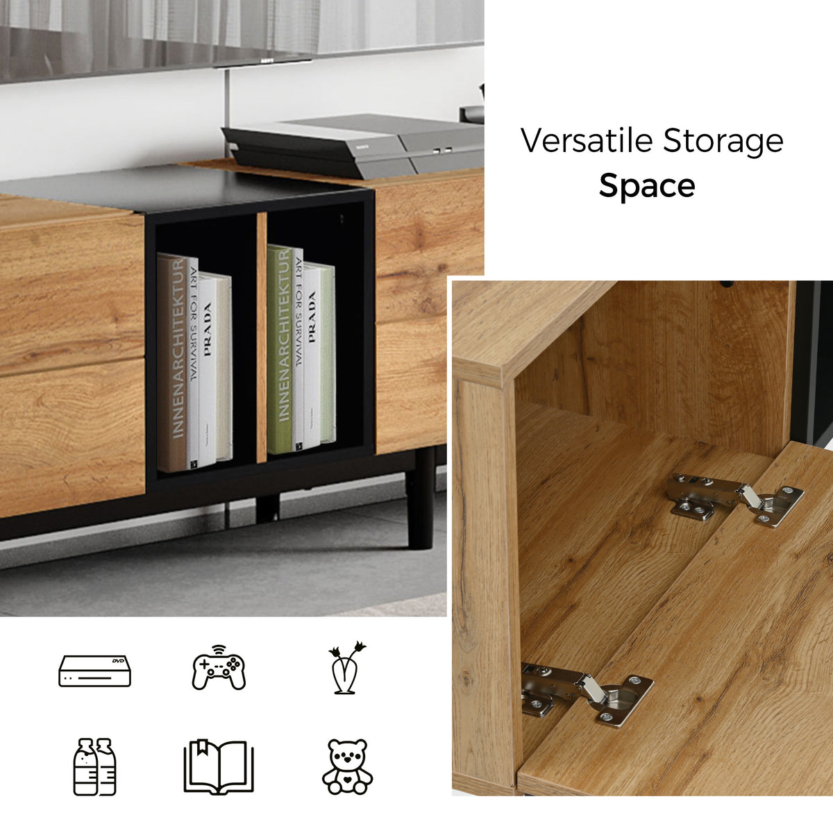 Anthony & Home 80-inch TV stand in natural wood finish with hidden storage, MDF media console from the Atelier Collection.