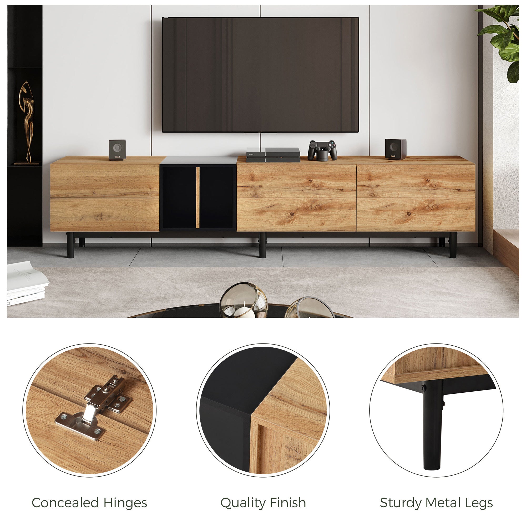 Anthony & Home 80-inch TV stand in natural wood finish with hidden storage, MDF media console from the Atelier Collection