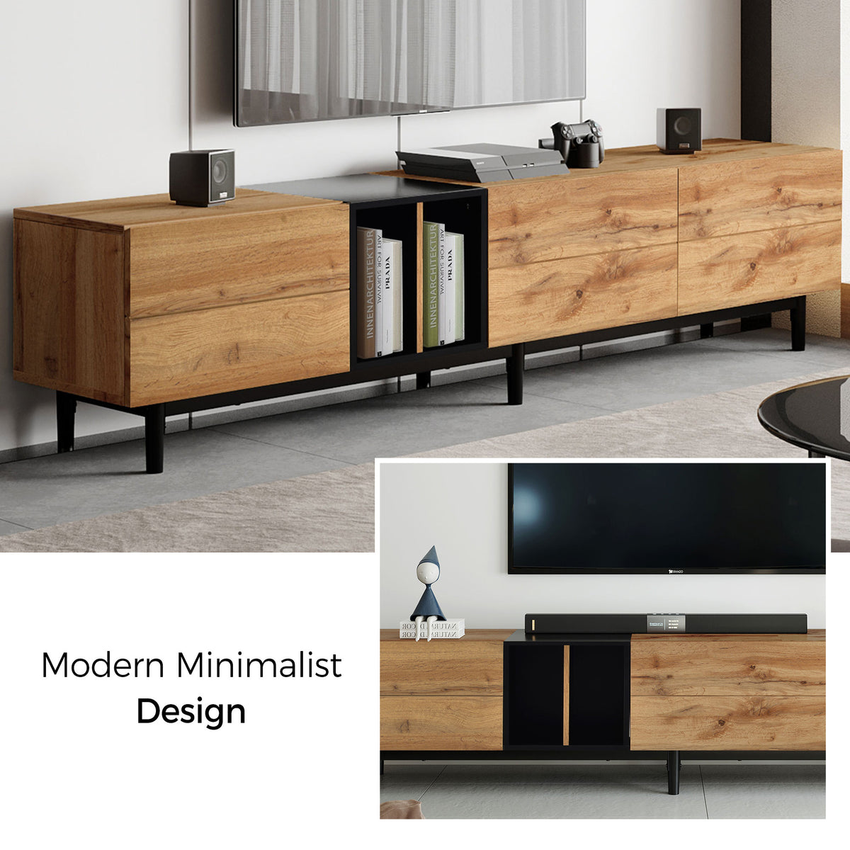 Anthony & Home 80-inch TV stand in natural wood finish with hidden storage, MDF media console from the Atelier Collection.