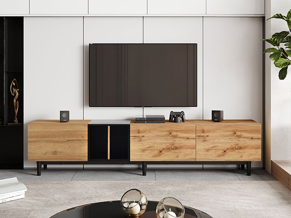 Anthony & Home 80-inch TV stand in natural wood finish with hidden storage, MDF media console from the Atelier Collection.