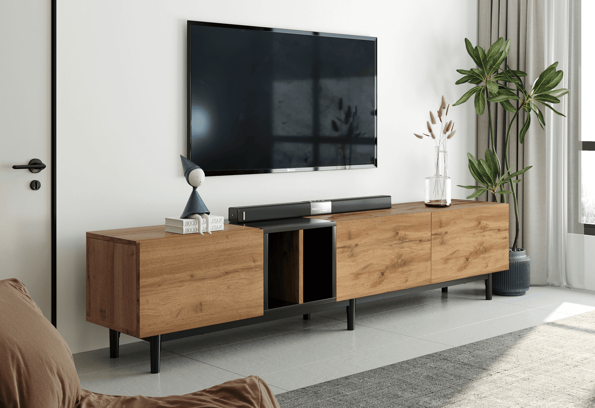 Anthony & Home 80-inch TV stand in natural wood finish with hidden storage, MDF media console from the Atelier Collection.