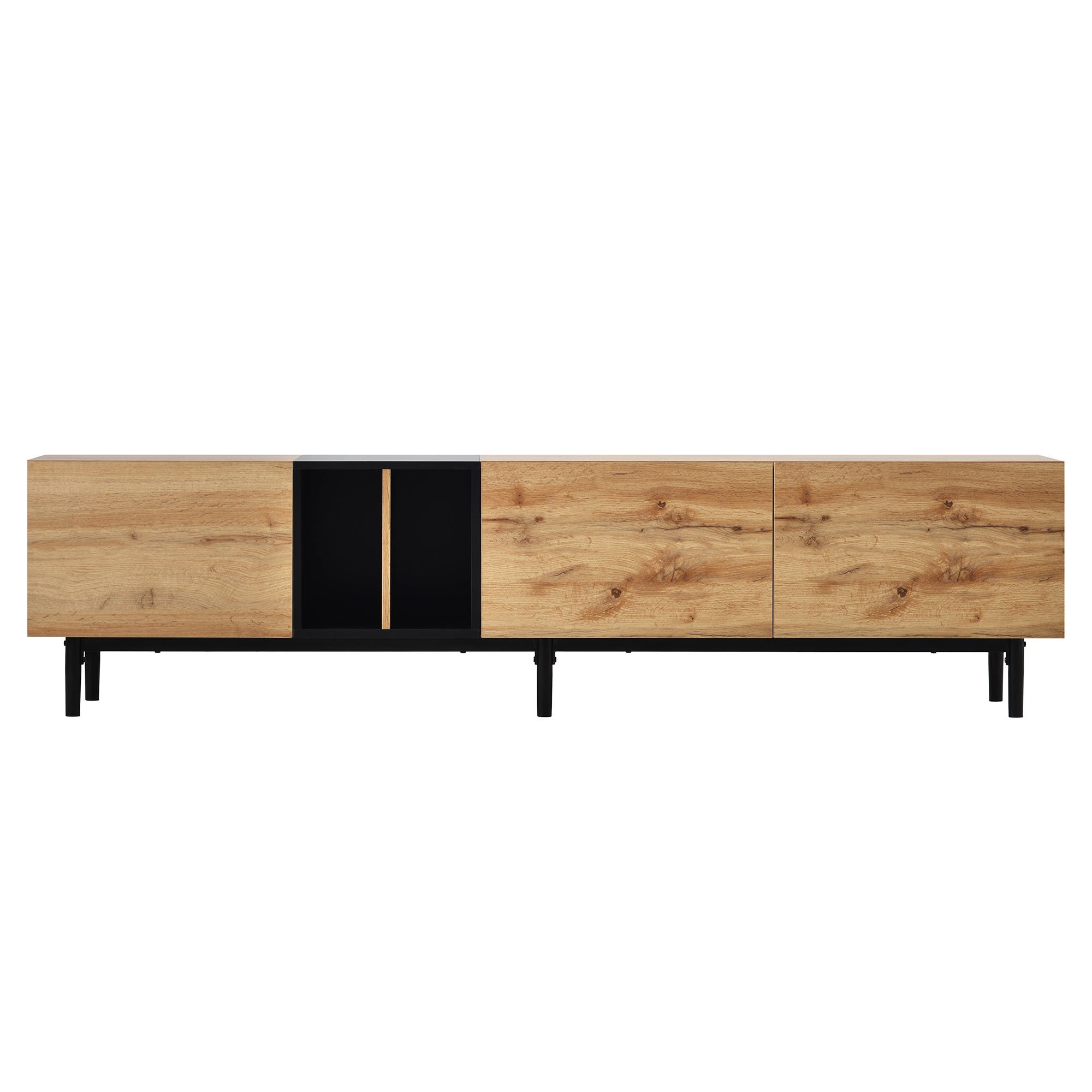 80-inch Anthony & Home TV stand with natural wood finish, MDF media console featuring hidden storage and modern design.