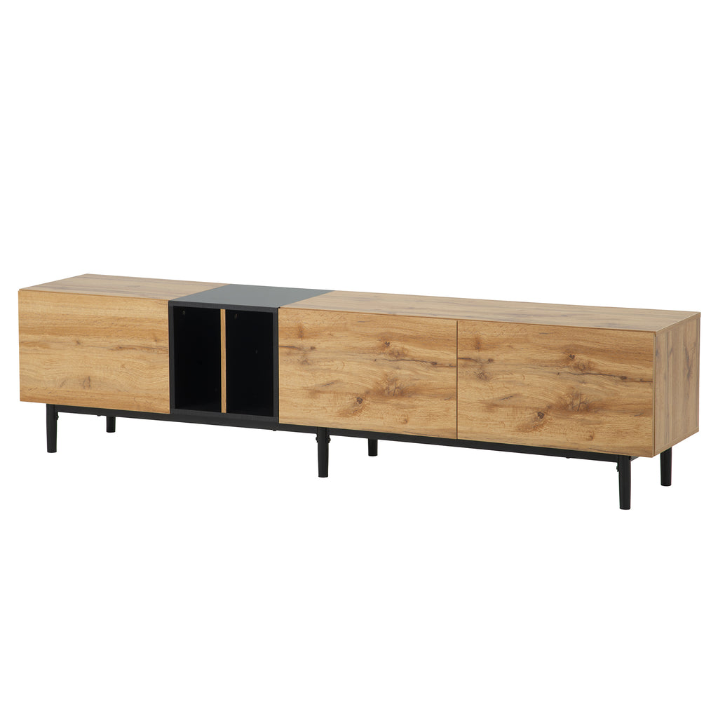 80-inch Anthony & Home TV stand in natural wood finish with hidden storage and MDF media console from the Atelier Collection.