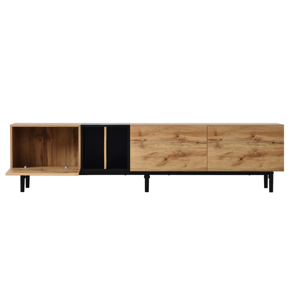 Anthony & Home 80-inch TV stand with natural wood finish, MDF media console, hidden storage, part of the Atelier Collection.