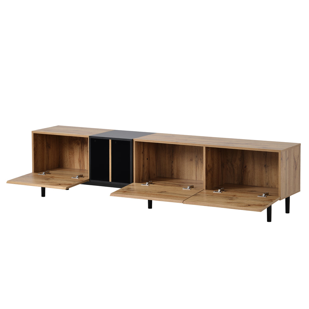 Anthony & Home 80-inch TV stand in natural wood finish with hidden storage, MDF media console from the Atelier Collection.