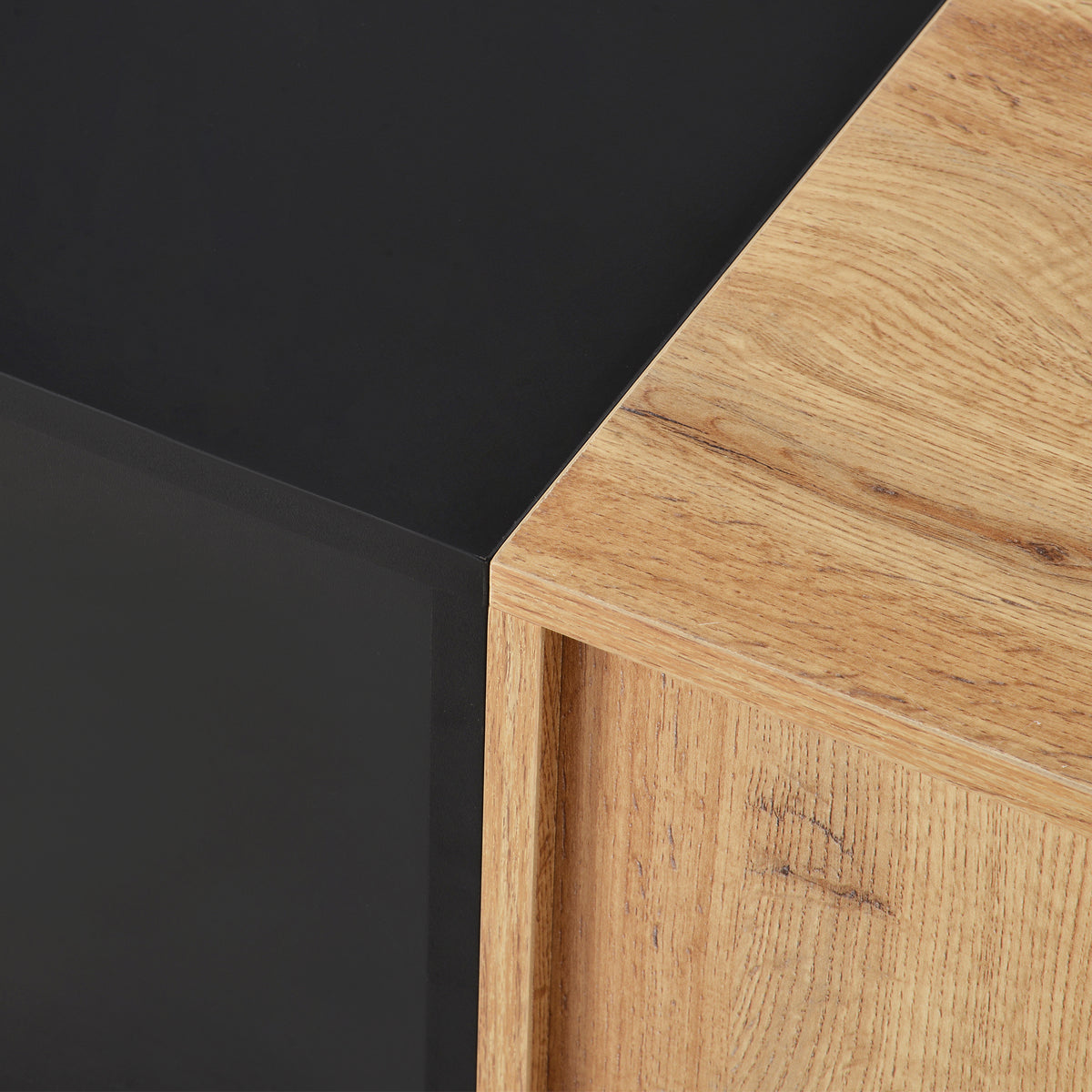 Anthony & Home 80-inch TV stand in natural wood finish with hidden storage, MDF media console from the Atelier Collection.