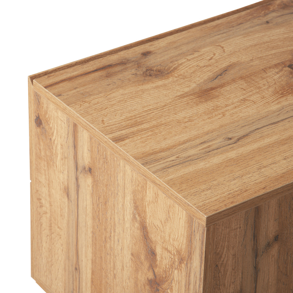 Anthony & Home 80-inch TV stand in natural wood finish with hidden storage, MDF media console from the Atelier Collection.