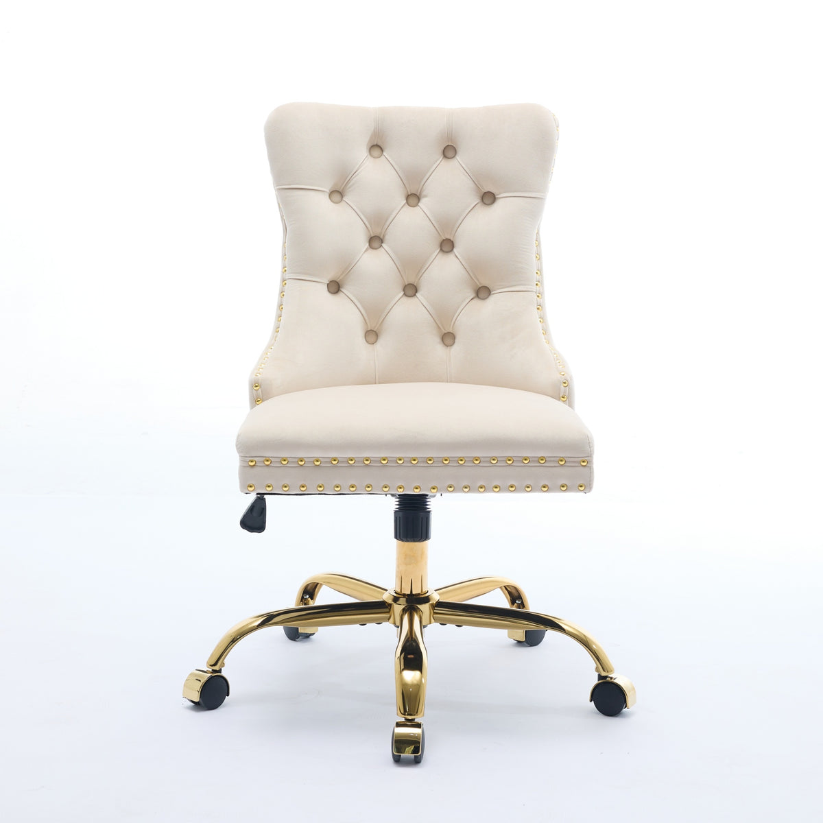 Beige velvet tufted A&A office chair by Anthony & Home with adjustable height, swivel base, and ergonomic design.