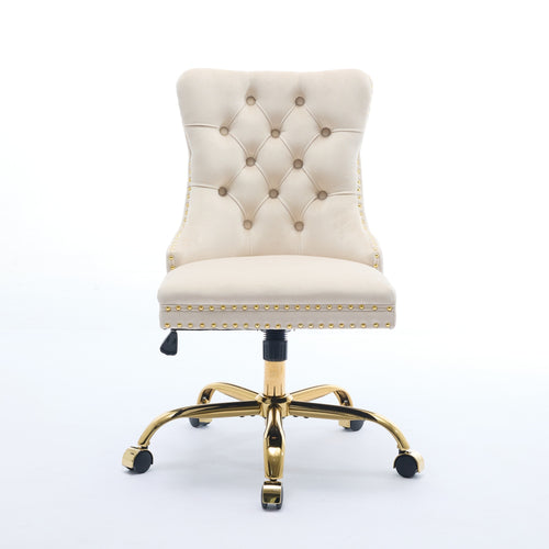 Beige velvet tufted office chair by Anthony & Home featuring adjustable height, swivel, and ergonomic modern design.