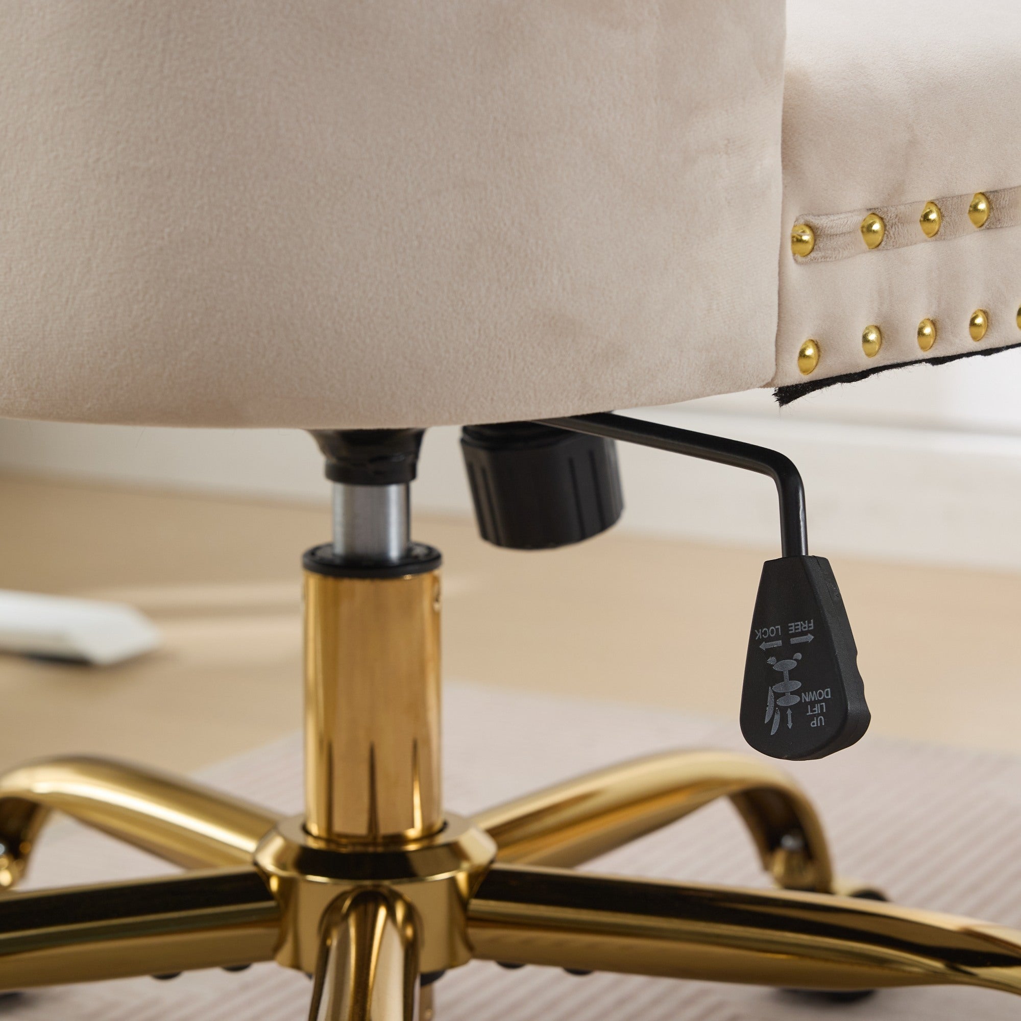 Anthony & Home beige velvet tufted office chair with adjustable swivel base, ergonomic design for contemporary workspace comfort.