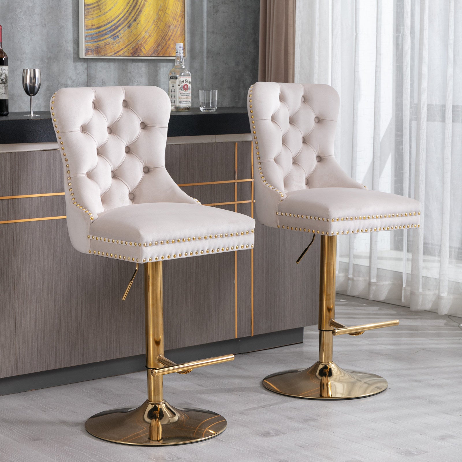 Beige velvet Anthony & Home bar stool with tufted seat and copper nailhead trim, limited edition, modern and stylish interior decor piece.