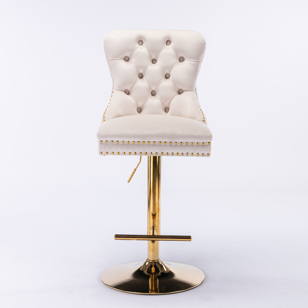Beige velvet Anthony & Home bar stools with tufted seats and copper nailhead trim, limited edition, modern furniture design.