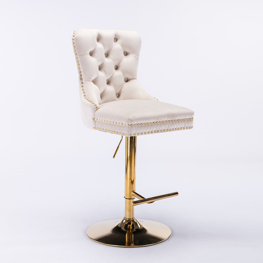 Beige velvet Anthony & Home bar stool with tufted seat, copper nailhead trim, and modern design.
