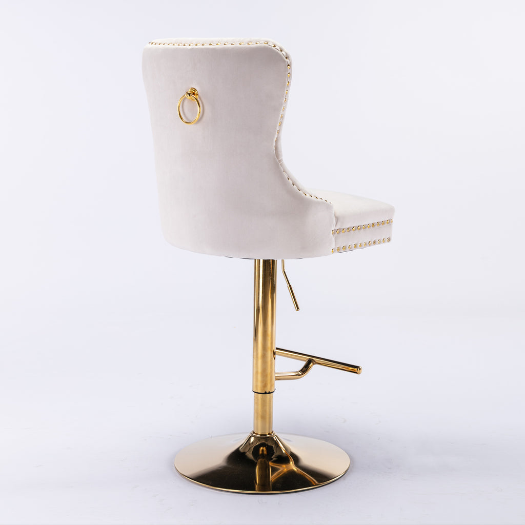 Anthony & Home beige velvet bar stools with tufted seats and copper nailhead trim, limited edition design.