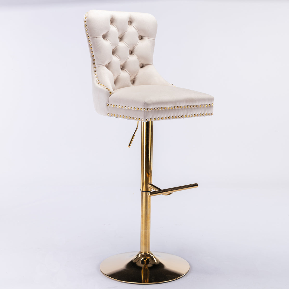 Beige velvet bar stool with tufted seat, copper nailhead trim, by Anthony & Home, featuring a stylish and limited edition design.