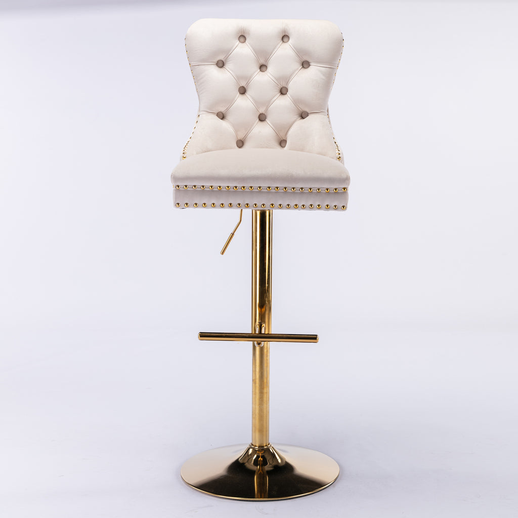 Beige velvet tufted bar stool with copper nailhead trim by Anthony & Home, limited edition, stylish and comfortable seating.