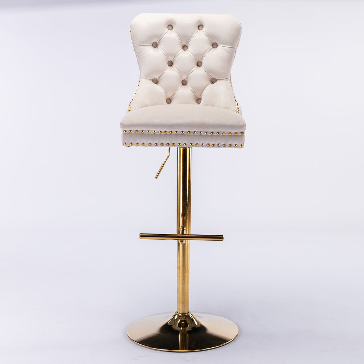 Beige velvet tufted bar stool with copper nailhead trim by Anthony & Home, limited edition, stylish and comfortable seating.