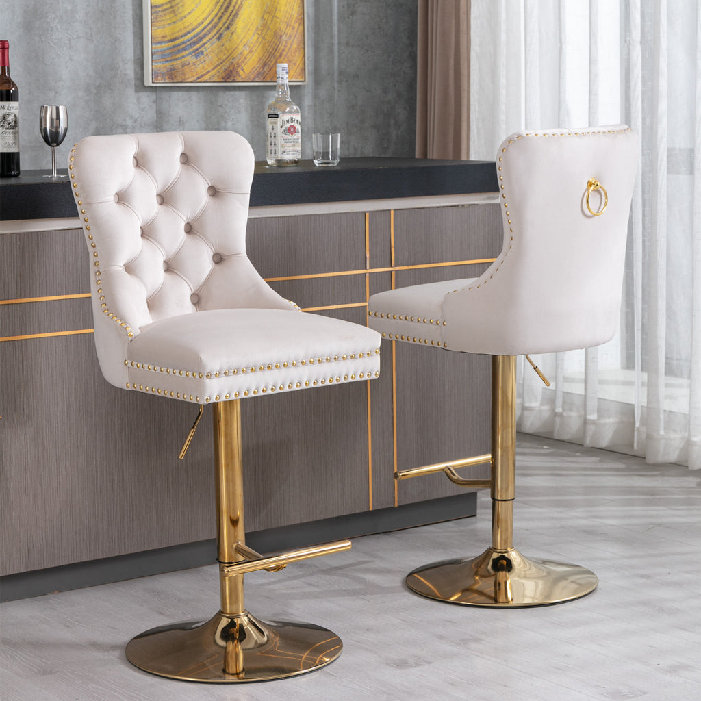 Beige velvet tufted bar stools with copper nailhead trim by Anthony & Home, limited edition, modern kitchen seating.