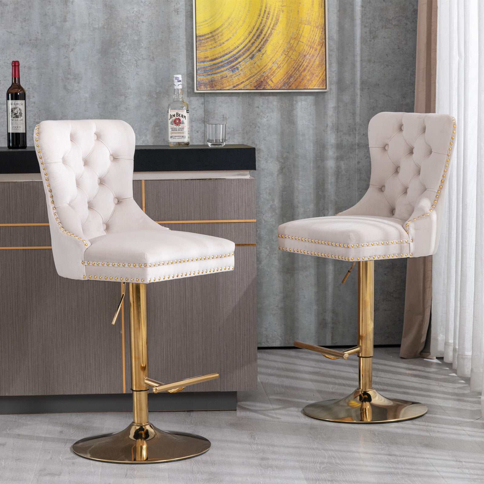 Beige velvet Anthony & Home bar stool with tufted seat and copper nailhead trim, limited edition, modern and stylish design