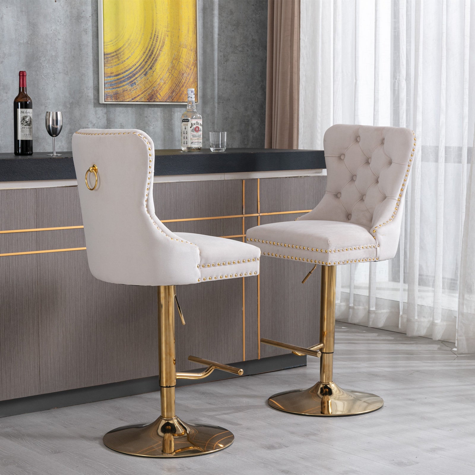 Beige velvet bar stools with tufted seats, copper nailhead trim, by Anthony & Home, limited edition AA Furniture.