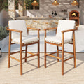 Pair of Anthony & Home Acacia outdoor counter stools with backrests, set of 2, featuring natural wood finish and sturdy design.