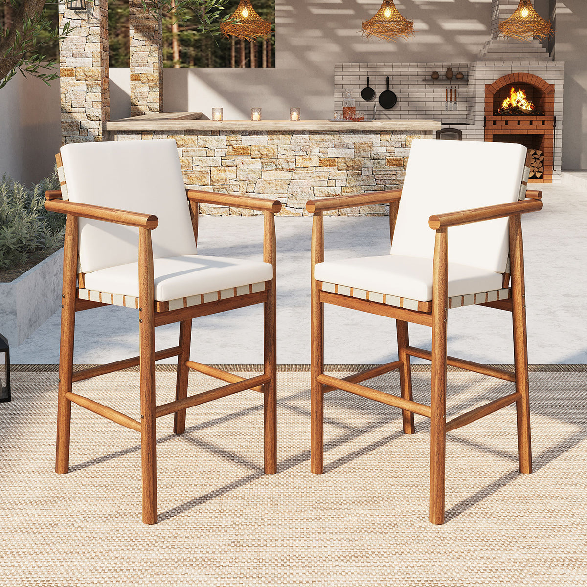 Pair of Anthony & Home Acacia outdoor counter stools with backrests, set of 2, featuring natural wood finish and sturdy design.