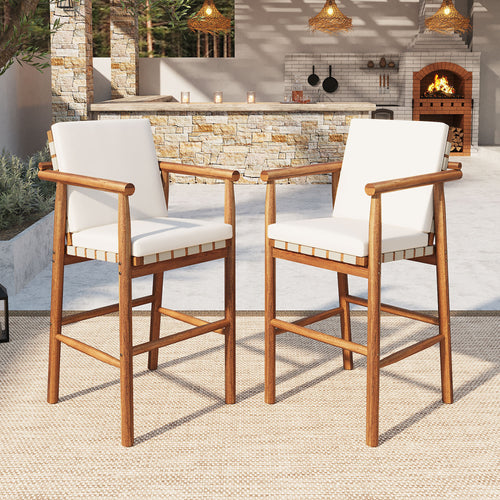 Set of two Anthony & Home Acacia outdoor counter stools with backrests, designed for patio or outdoor dining.