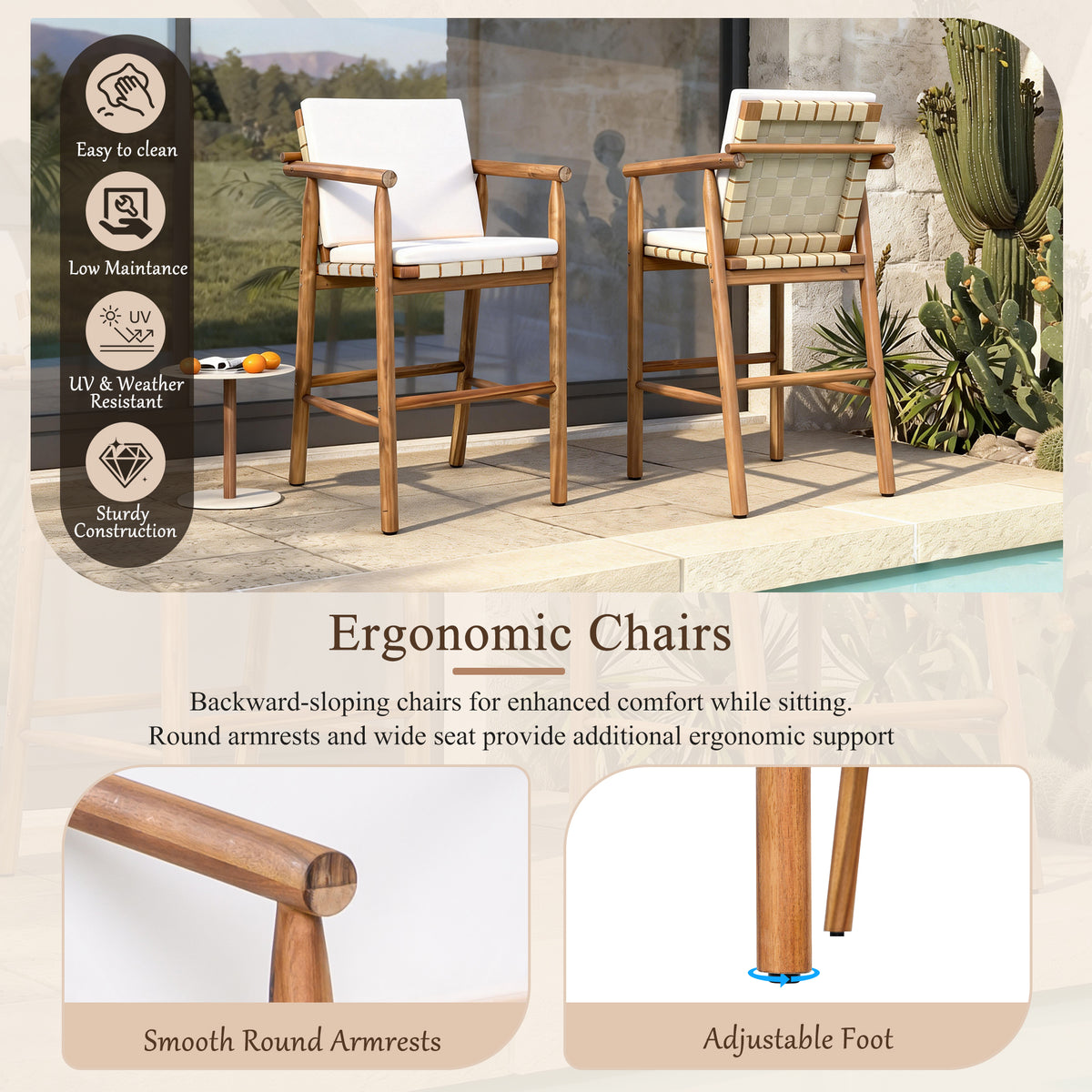 Pair of Anthony & Home acacia outdoor counter stools with backrests, set of 2, featuring natural wood finish and modern design.