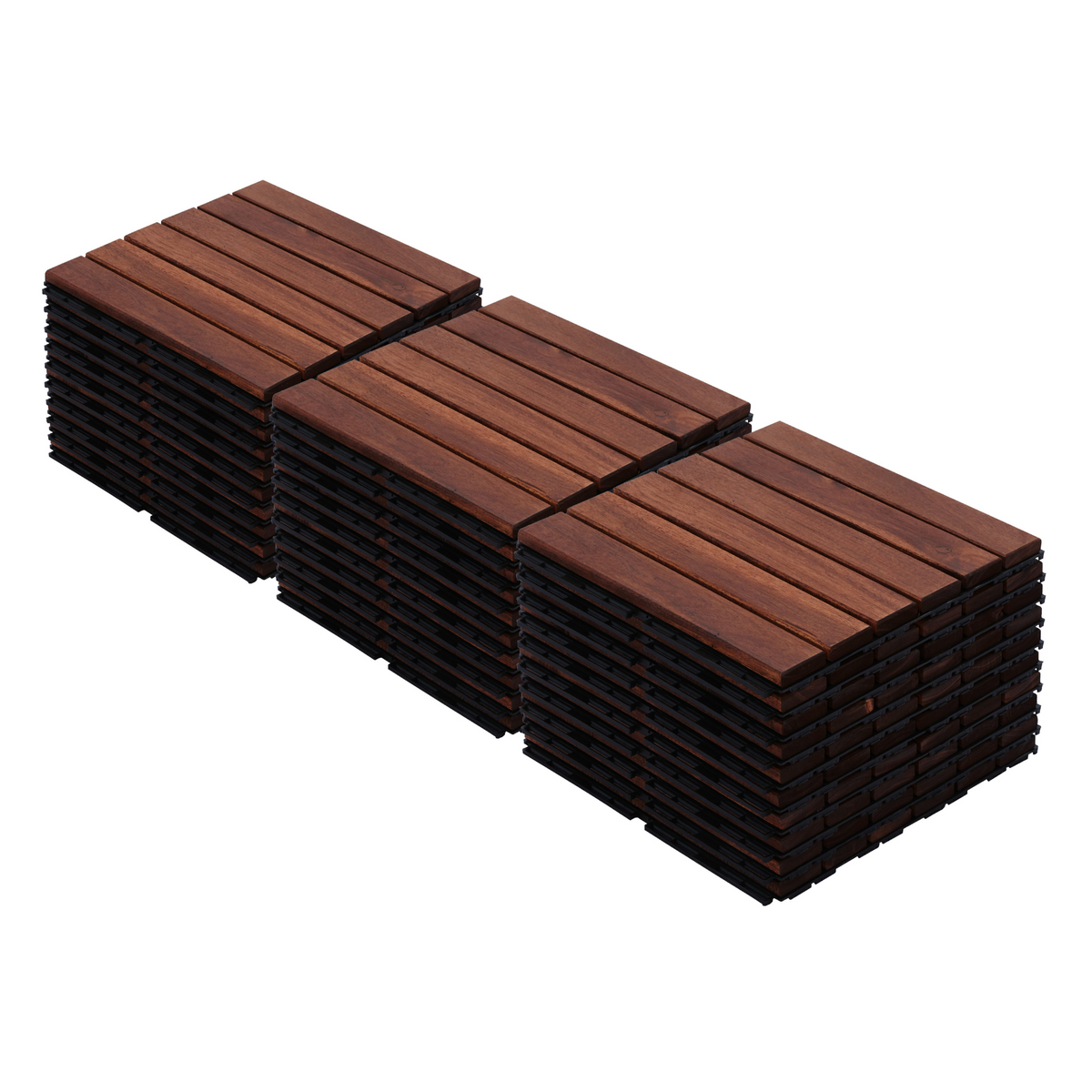 Anthony & Home Acacia Studio Interlocking Deck Tiles with striped pattern, 12-inch size, suitable for outdoor flooring or patios.