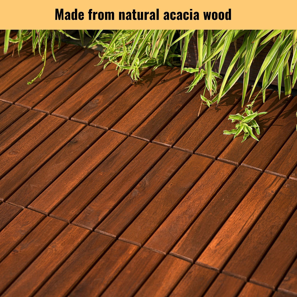 Anthony & Home Acacia Studio Interlocking Deck Tiles with striped pattern, 12-inch size, suitable for outdoor patio or balcony flooring