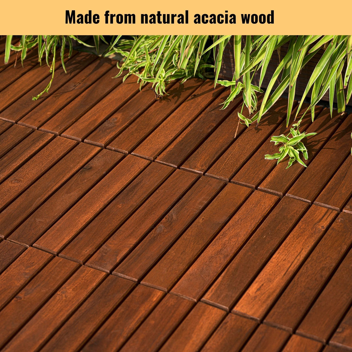 Anthony & Home Acacia Studio Interlocking Deck Tiles with striped pattern, 12-inch size, suitable for outdoor patio or balcony flooring