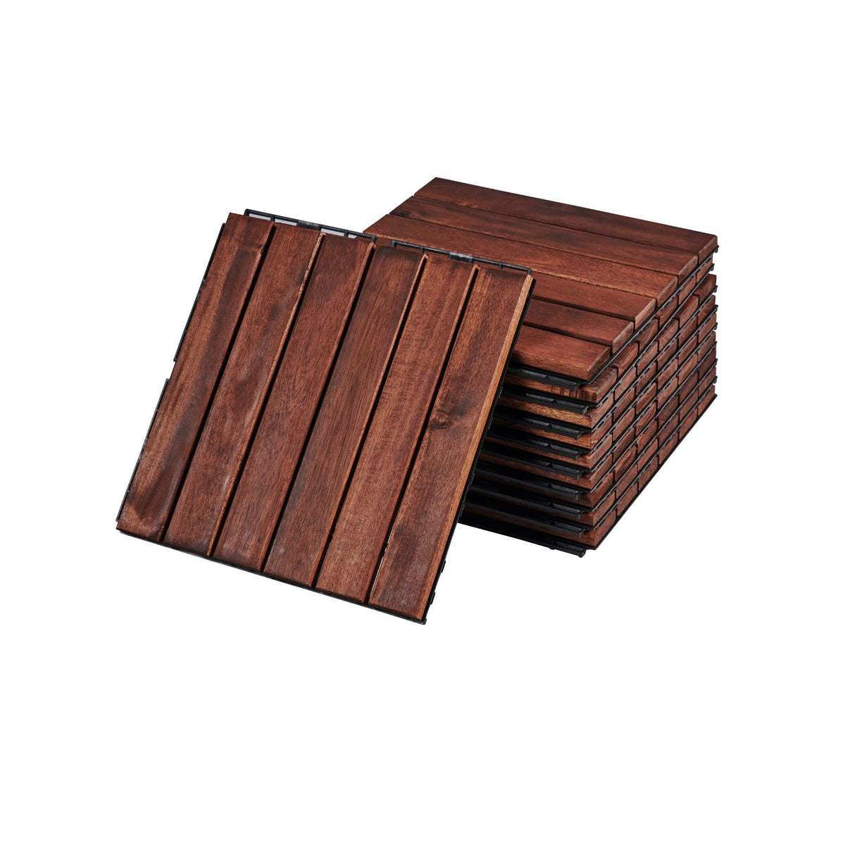 Interlocking acacia wood deck tiles with striped pattern, 12-inch size, by Anthony & Home, suitable for outdoor patio or balcony.