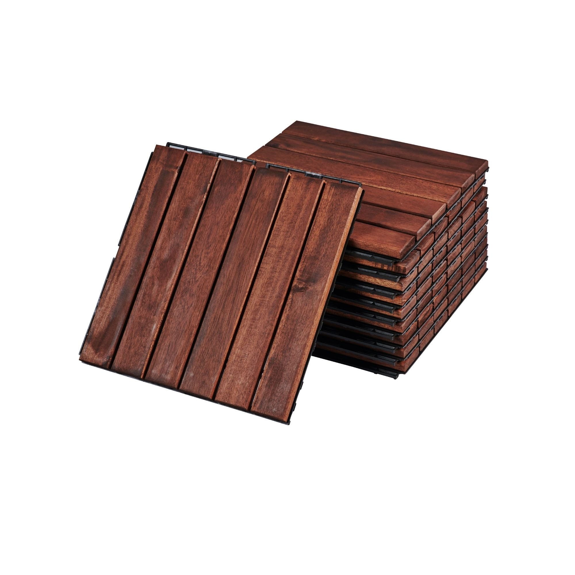 Anthony & Home Acacia Studio Interlocking Deck Tiles with striped design, 12-inch outdoor flooring for patios and decks