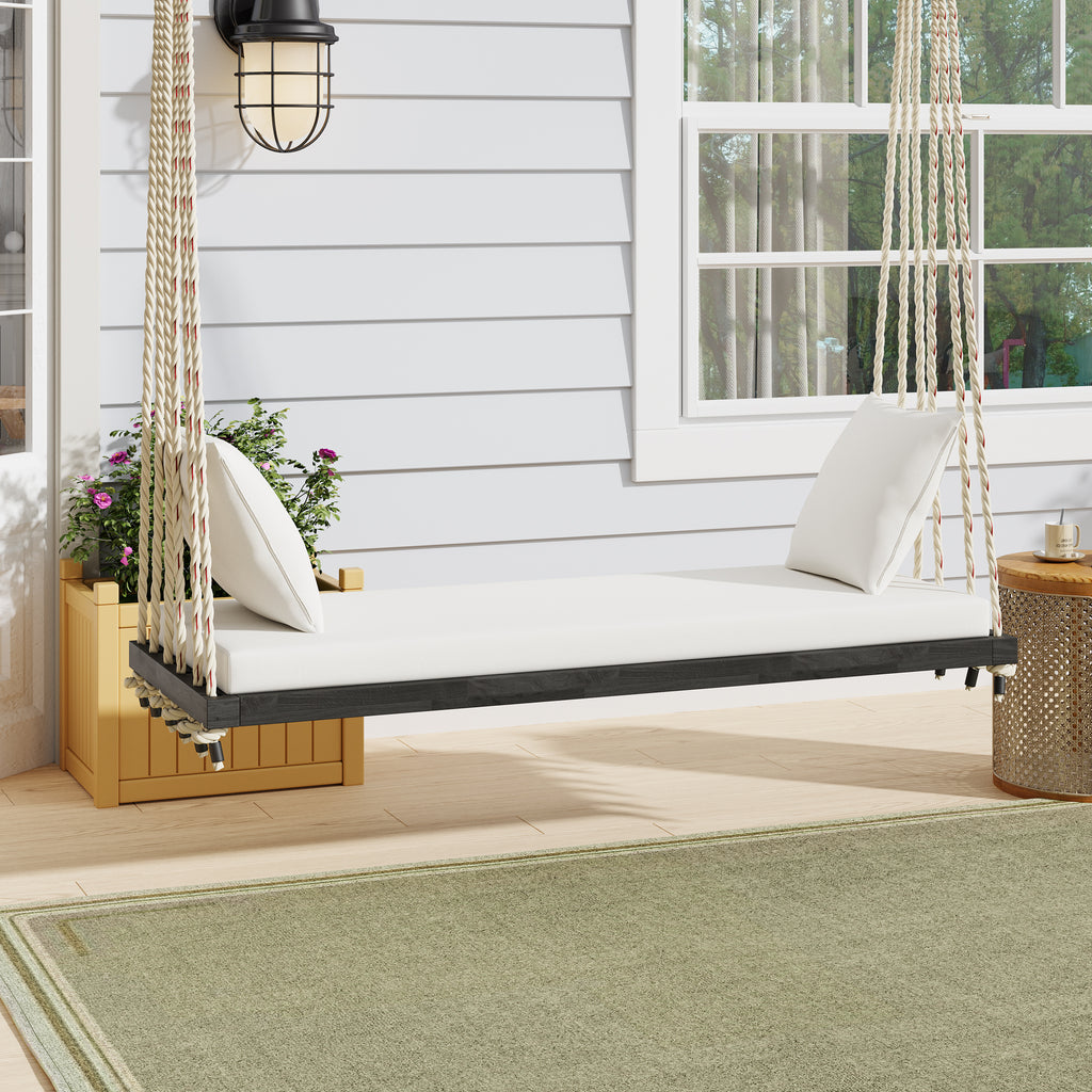 Anthony & Home Acacia wood patio swing chair with cushioned seat and backrest, outdoor furniture for relaxing outdoor spaces.