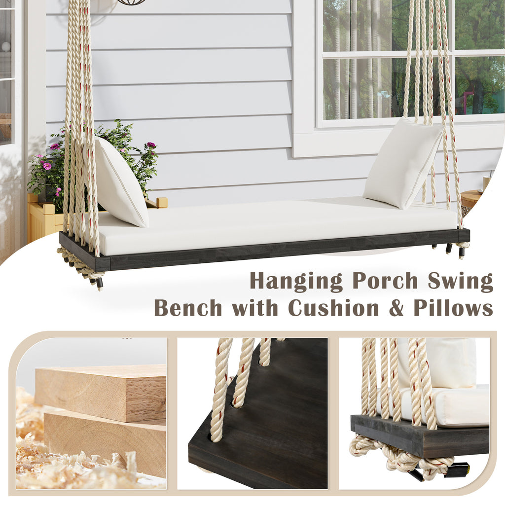 Acacia wood patio swing chair with a sturdy frame and comfortable cushion for outdoor relaxation, by Anthony & Home.