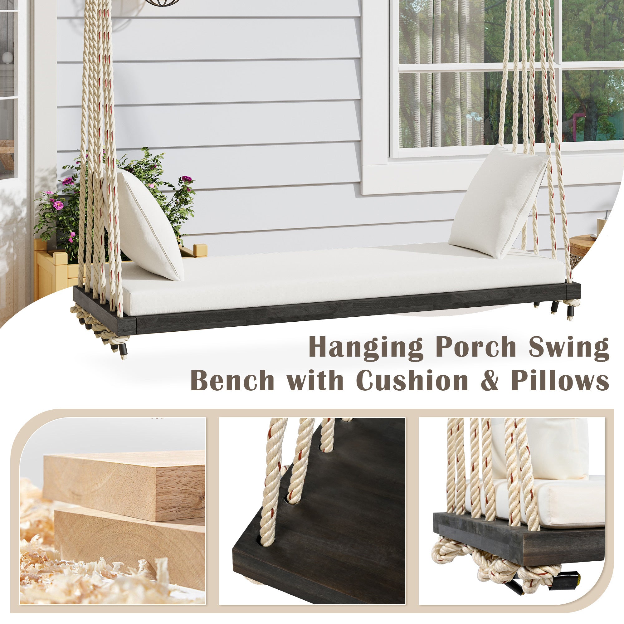 Acacia wood patio swing chair with a sturdy frame and comfortable cushion for outdoor relaxation, by Anthony & Home.