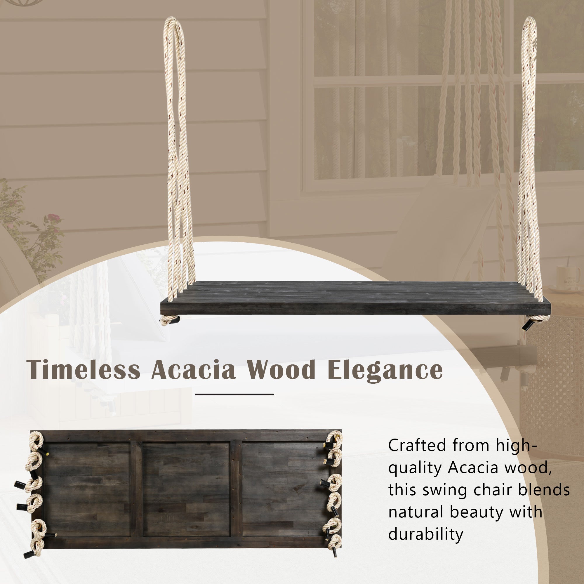 Anthony & Home acacia wood patio swing chair with cushioned seat and backrest, ideal for outdoor relaxing.
