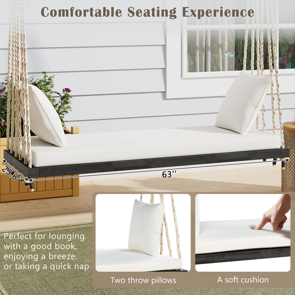 Anthony & Home acacia wood patio swing chair with cushioned seat and sturdy frame for outdoor relaxation.