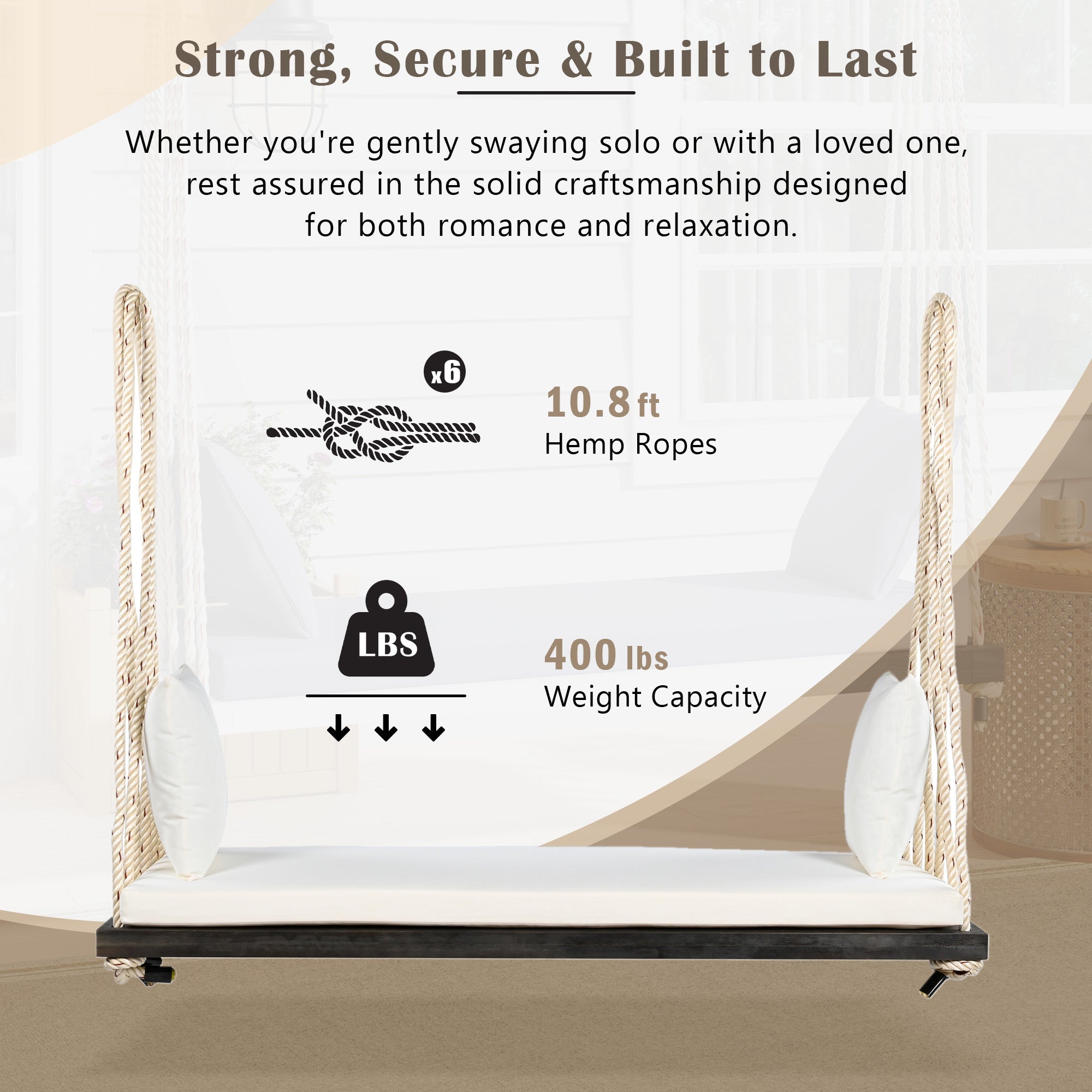Anthony & Home acacia wood patio swing chair with woven seat and armrests, perfect for outdoor relaxation.