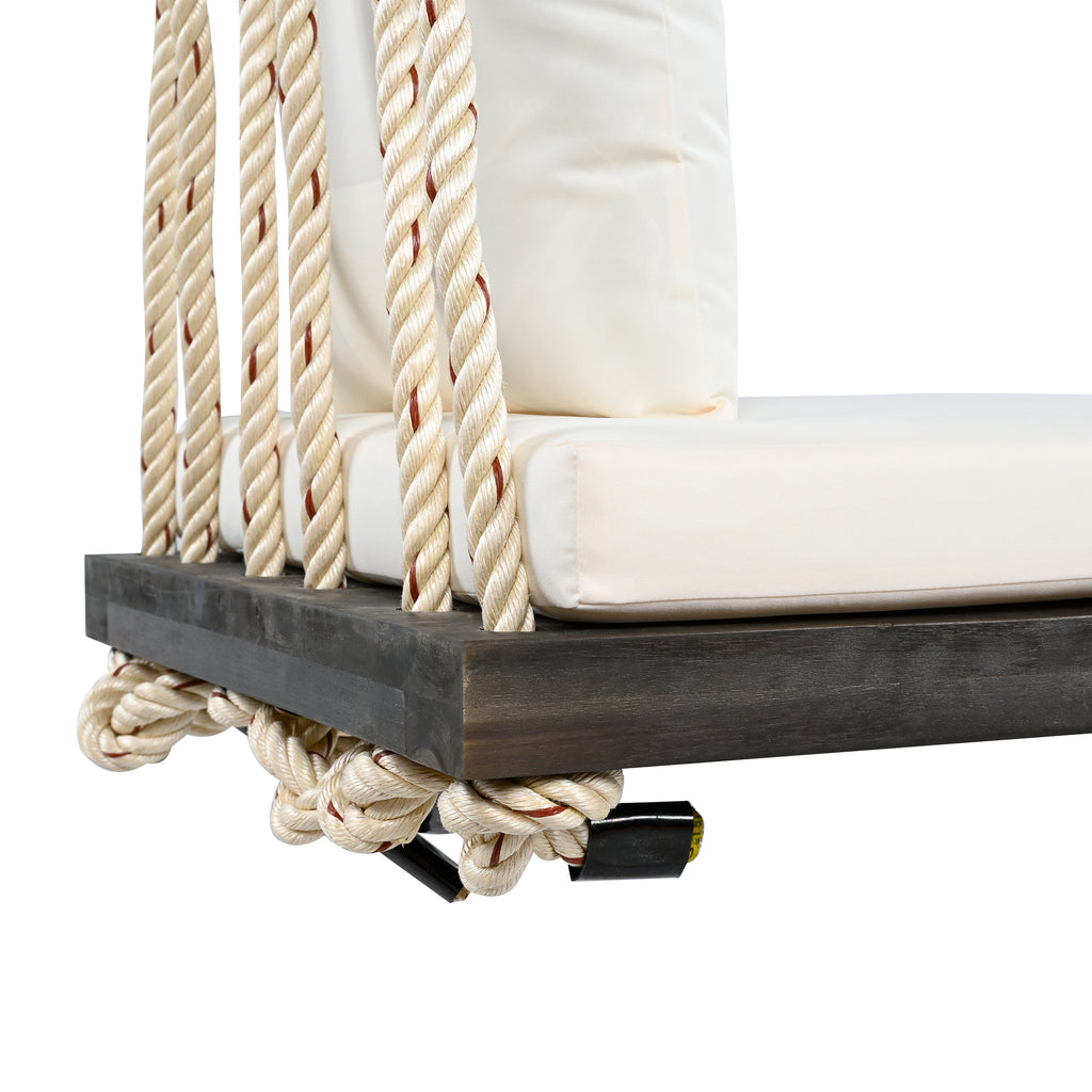 Anthony & Home Acacia wood patio swing chair with woven seat and sturdy armrests, perfect for outdoor relaxation.