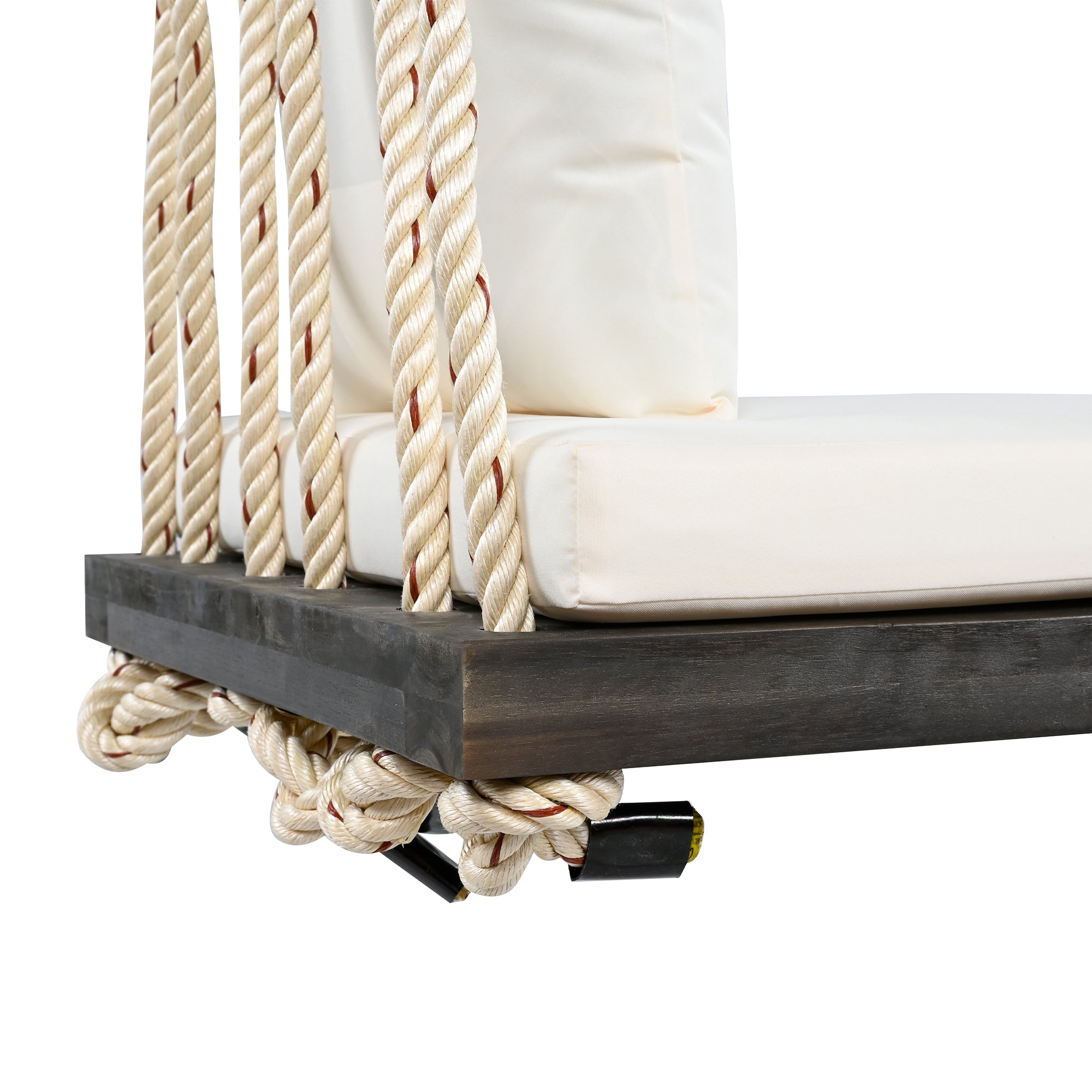 Anthony & Home Acacia wood patio swing chair with woven seat and sturdy armrests, perfect for outdoor relaxation.