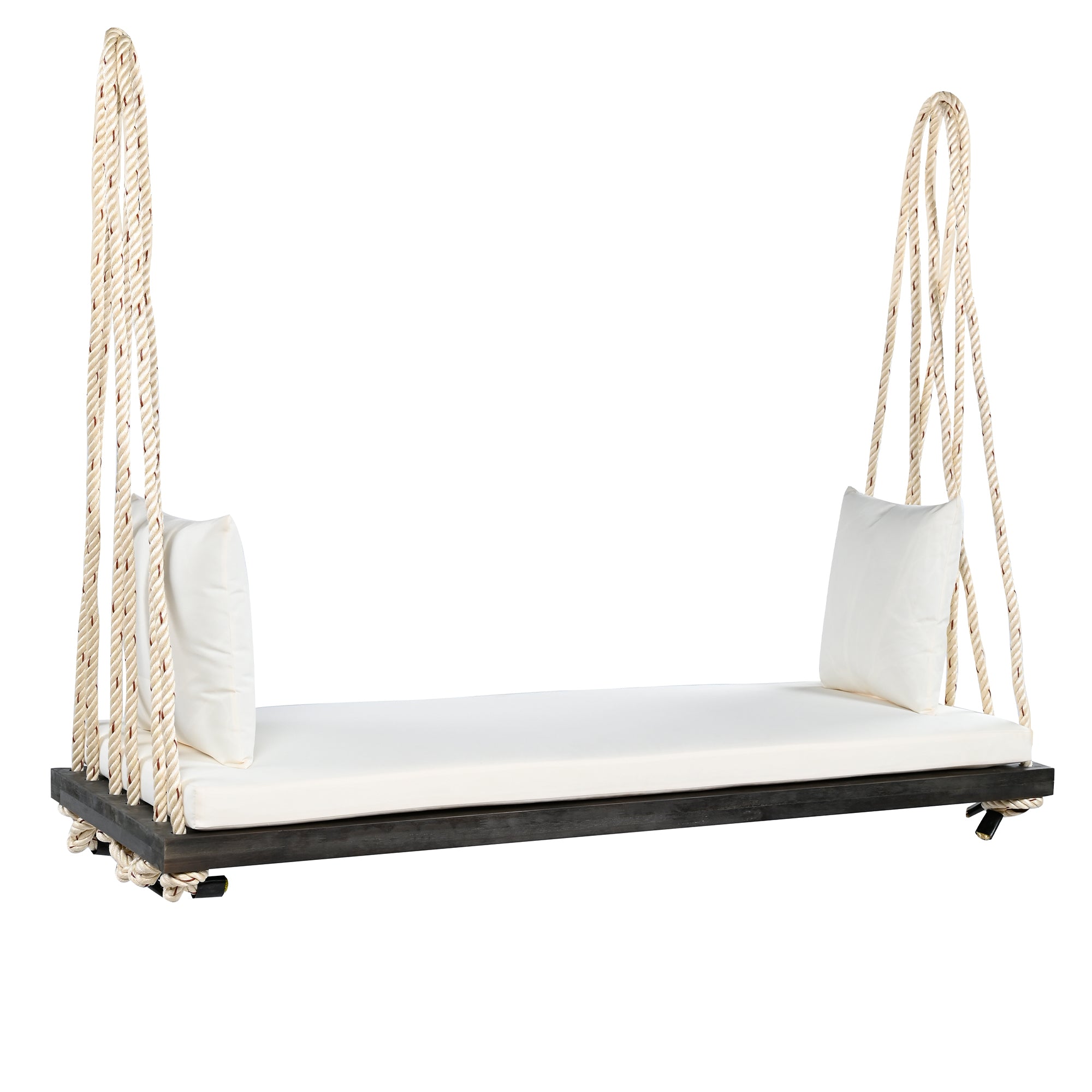 Anthony & Home acacia wood patio swing chair with a comfortable cushion, ideal for outdoor relaxation.
