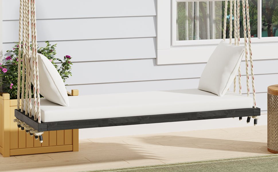 Anthony & Home acacia wood patio swing chair with beige cushion and sturdy frame, perfect for outdoor relaxation.
