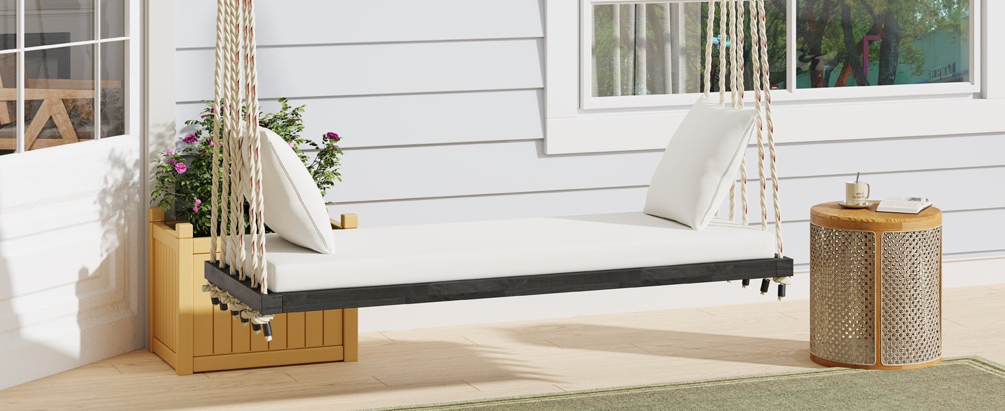 Anthony & Home acacia wood patio swing chair with cushioned seat and backrest, designed for outdoor relaxation and comfort.