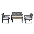 Acacia wood patio table with wicker frame and beige cushions from Anthony & Home outdoor collection.