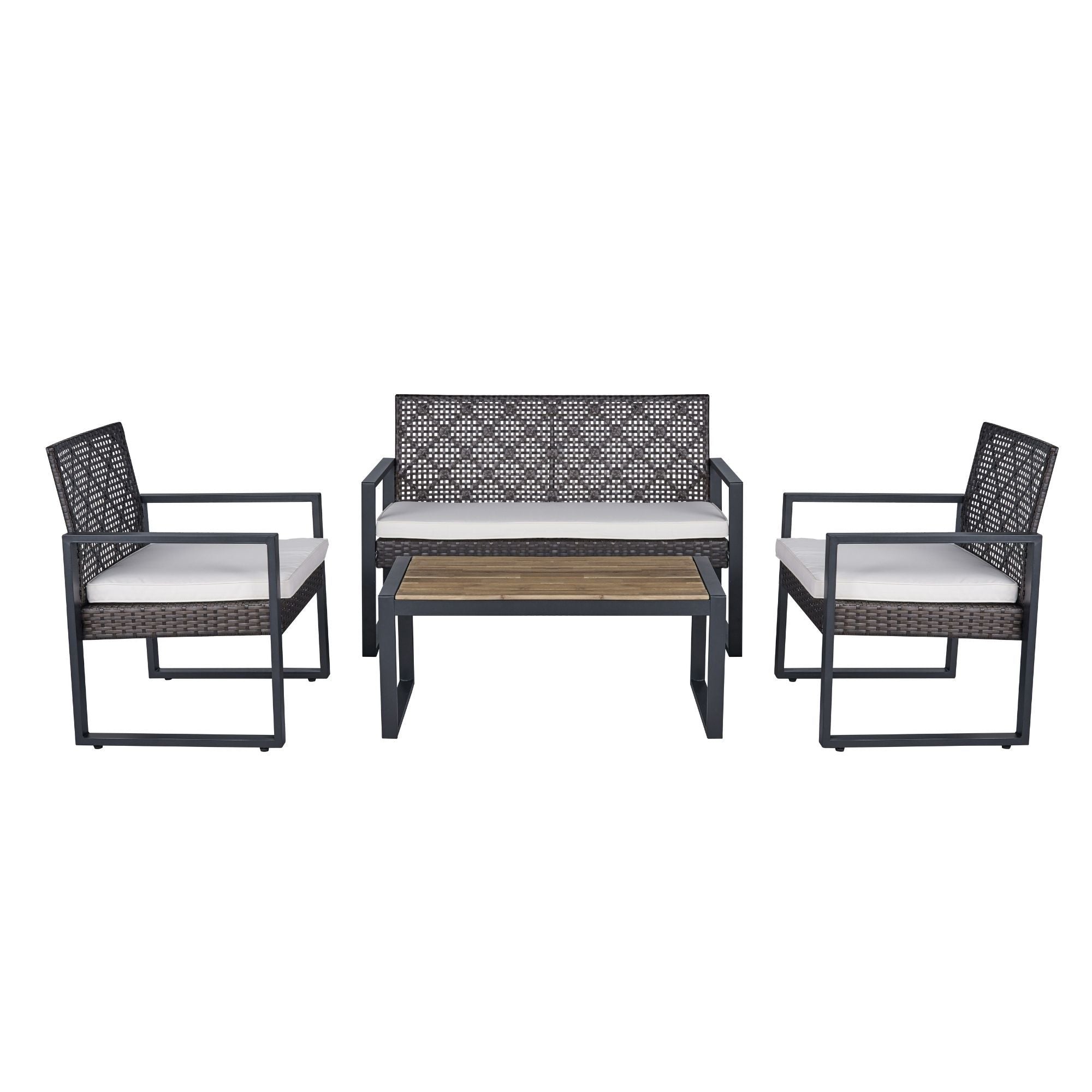 Acacia wood patio table with wicker frame and beige cushions from Anthony & Home outdoor collection.